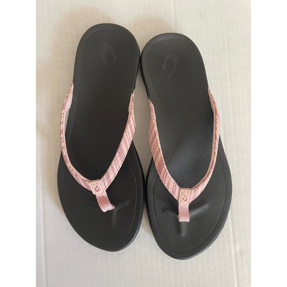 Olukai Ho'opio Sandals Pink Clay Stripe Black Water Resistant Beach Size 8